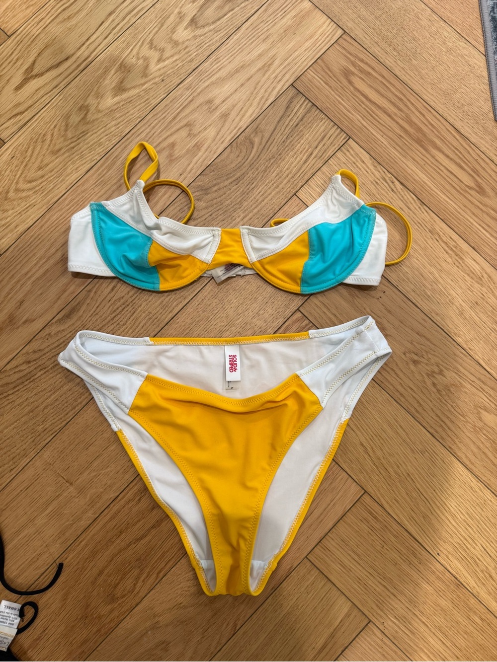 SOLID & STRIPED Yellow, White & Teal Colorblock Bikini